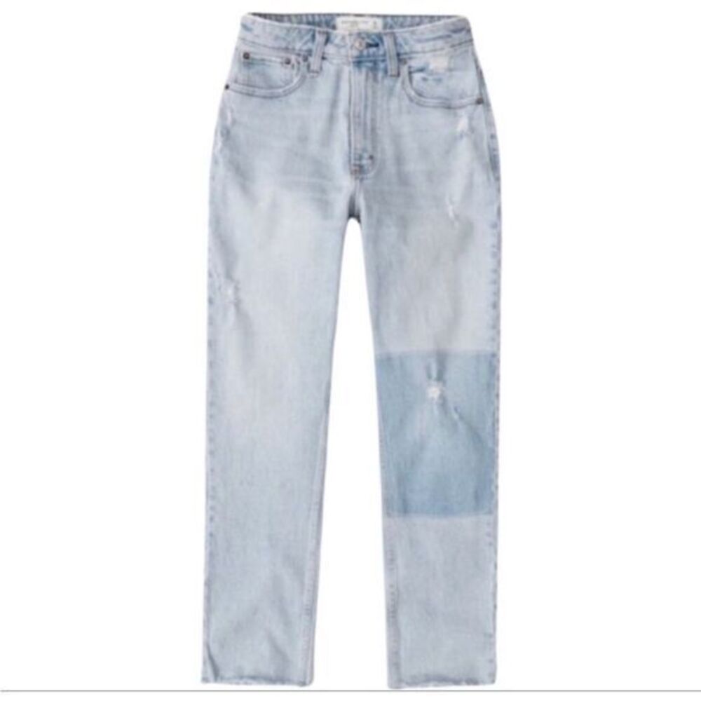 Abercrombie & Fitch Light Wash Shadow Knee Patch High Rise Mom Jeans
